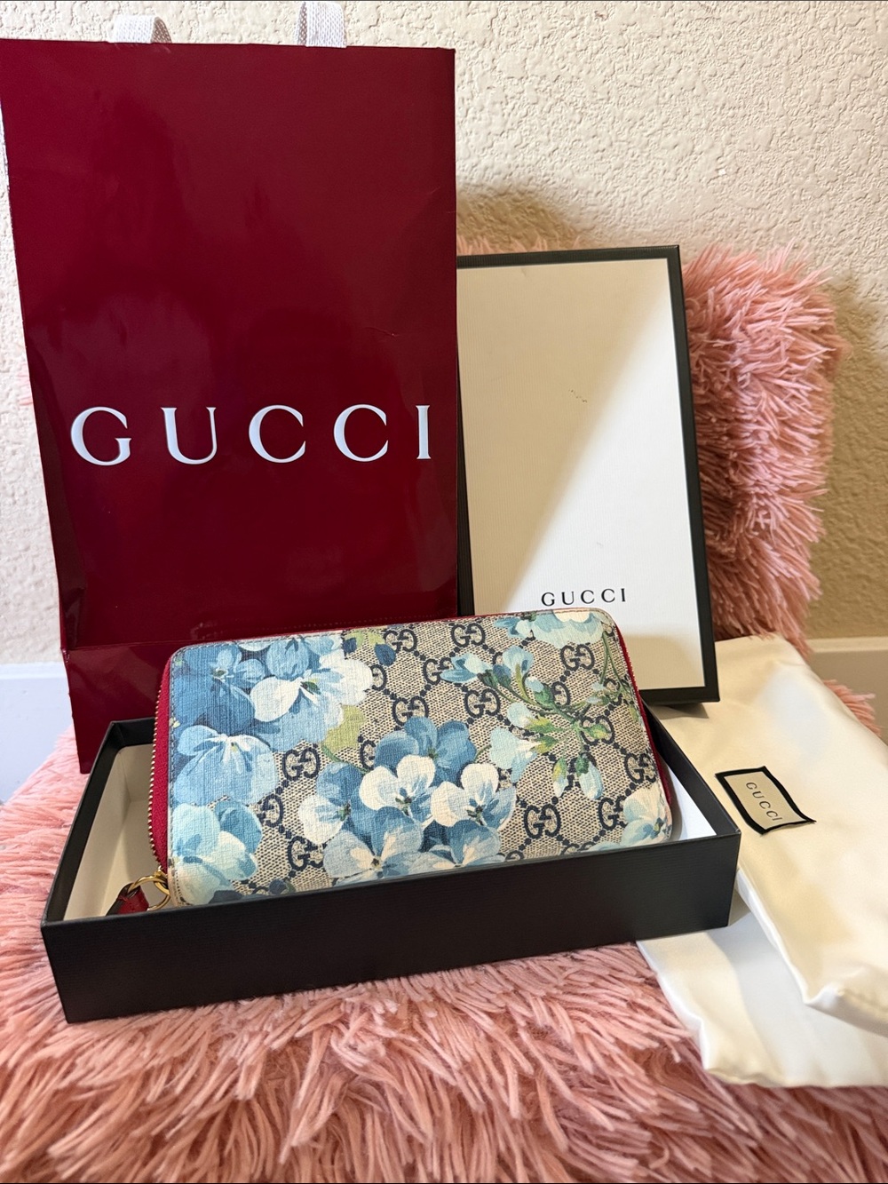 Gucci Blue Floral GG Zip Around Wallet with Red Trim